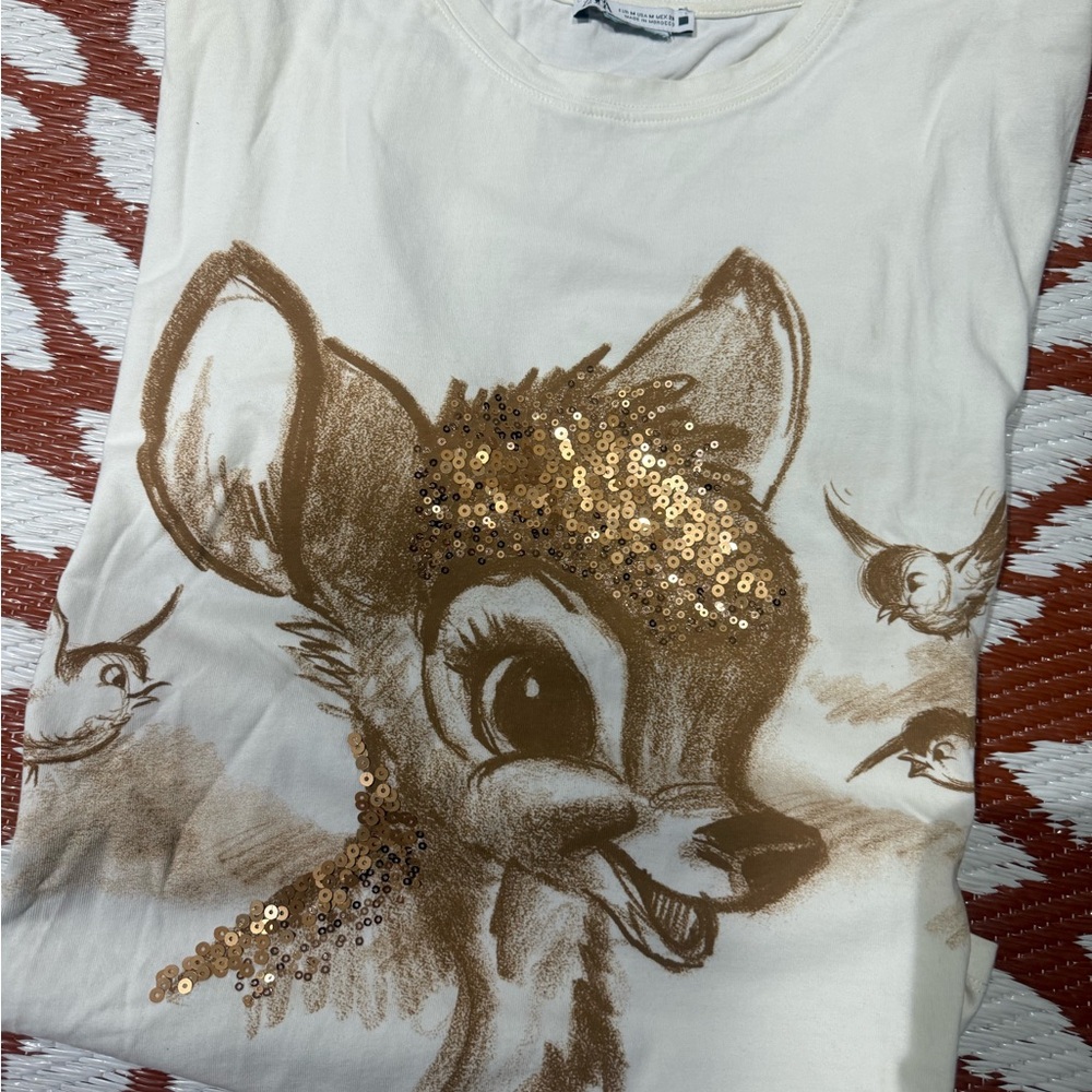 Zara Cream Tee with Gold Sequin Deer Graphic